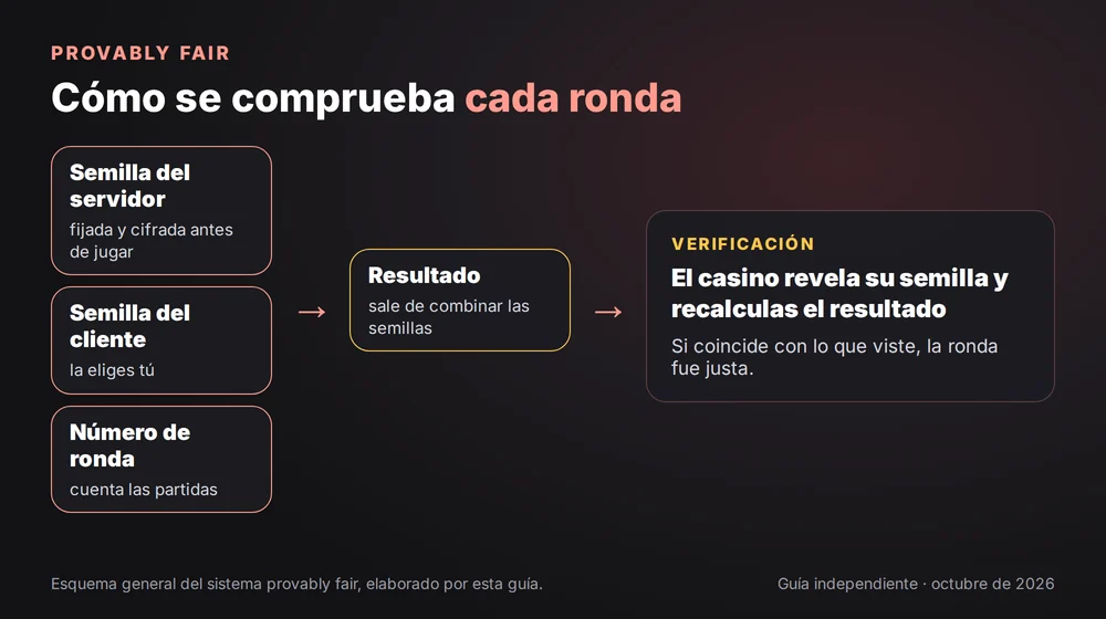 Provably fair en BC.Game: semilla del servidor, semilla del cliente y número de ronda dan el resultado, que se verifica al revelar la semilla